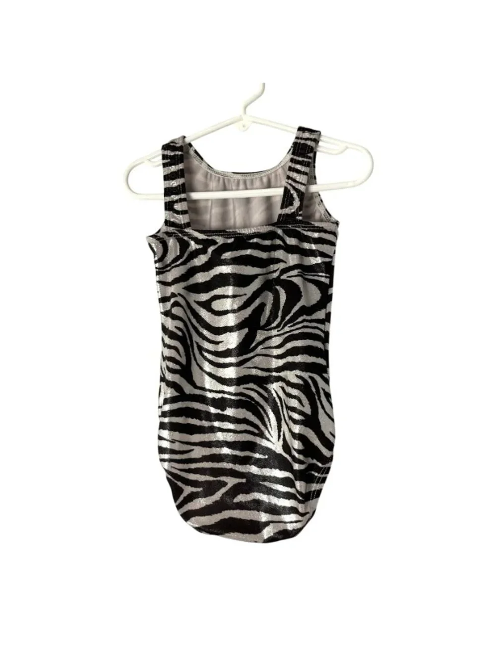 GK Elite Zebra Print Metallic Gymnastics Leotard Girls M (CM) Used Sleeveless
